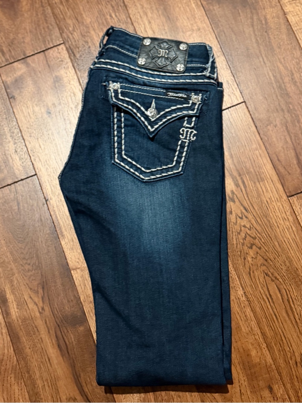Miss Me Dark Blue Denim Jeans with White Stitching